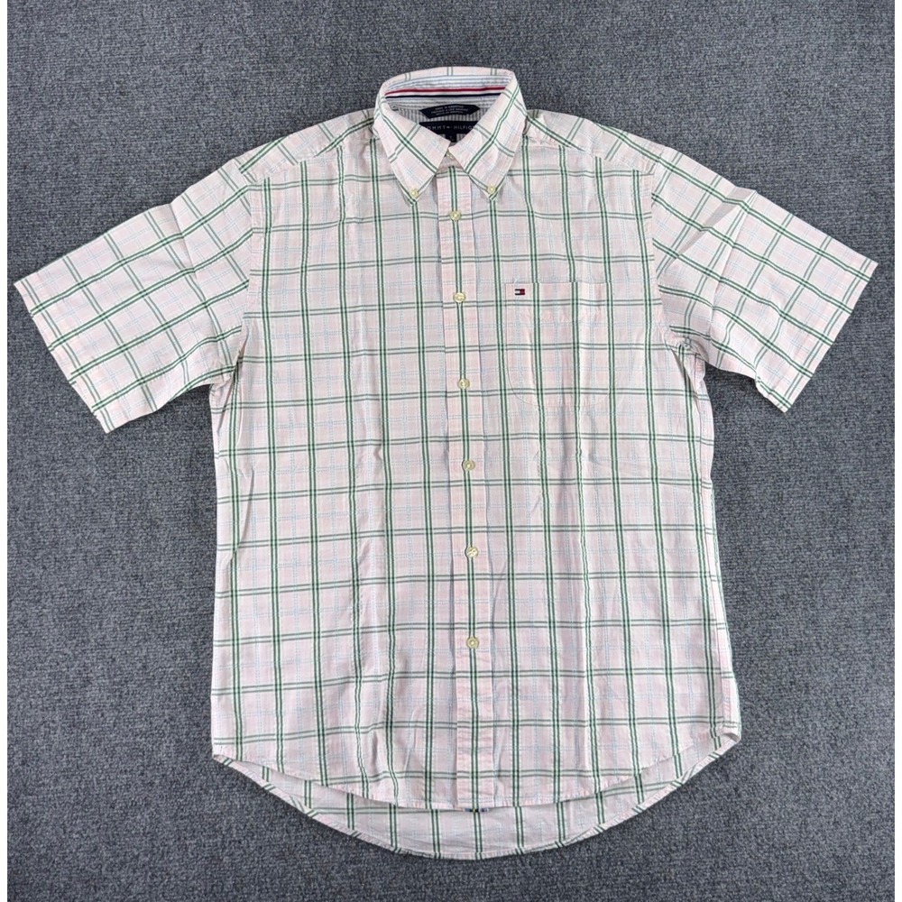 Tommy Hilfiger Mens Small Pink Green Plaid Short Sleeve Button Down Shirt Logo